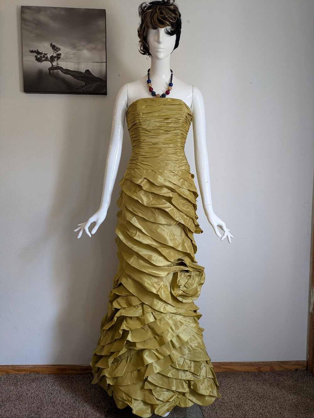 Rickie Freeman for Teri Jon Strapless Ruffled Olive Gold Evening Gown – Size 4